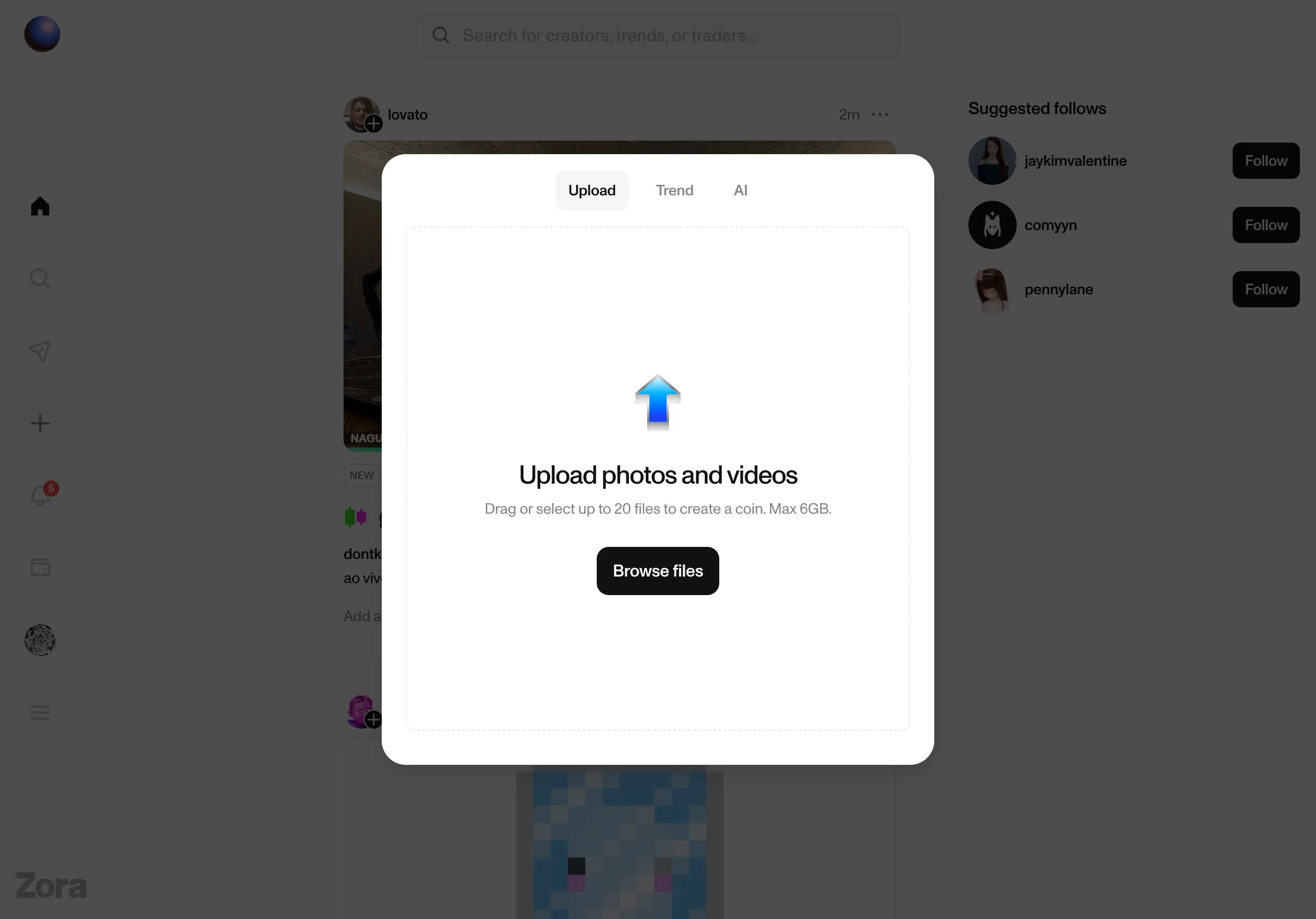 Upload modal — photos, videos, AI-generated. Each upload becomes a coin.