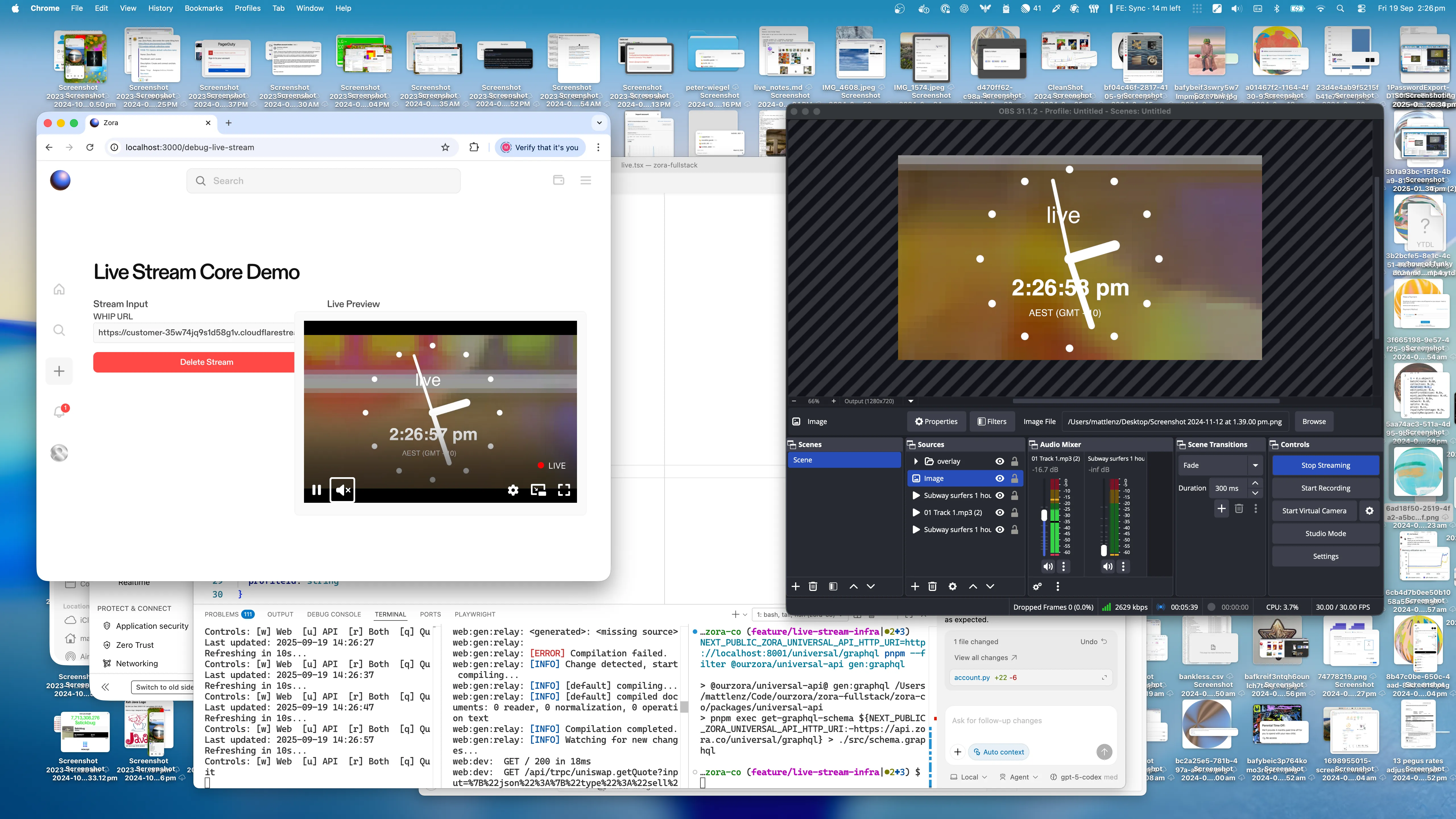 Live stream core demo: browser preview, OBS source, ingestion logs.